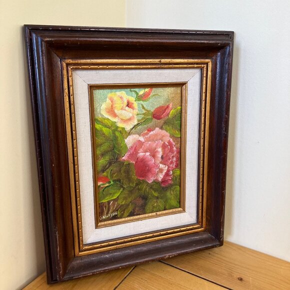 Pink & Yellow Rose Flowers Original Framed Oil Painting Vintage F. Gascoyne - Picture 2 of 6